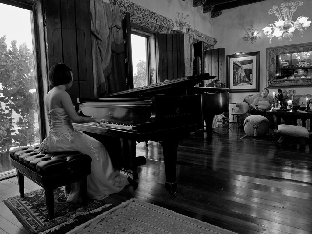A piano concert in black and white